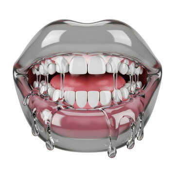 Glossy lips dripping with liquid and gold grillz mouth open isolated on transparent background