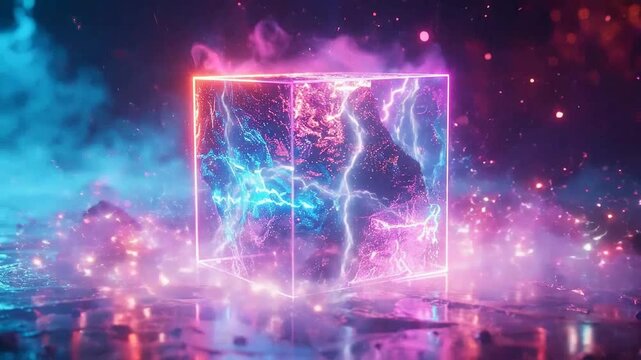 Abstract glowing cube with energy inside, surrounded by smoke and particles, creating a futuristic scene.