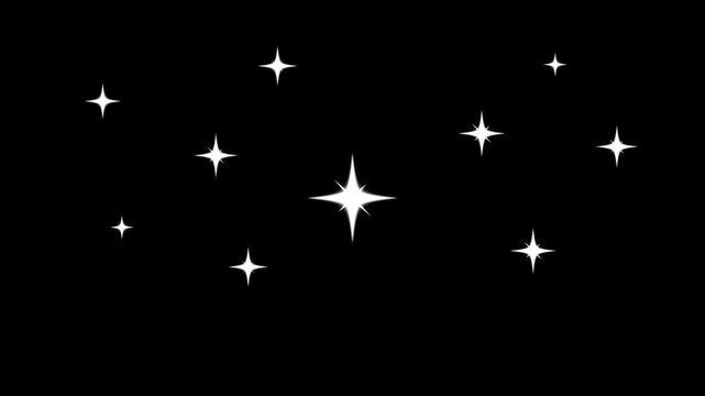 Twinkling cartoon stars animation with white flat vector doodles, soft glitter sparkle shine and blinking light effect, glowing motion on black screen background for playful festive 4K visuals