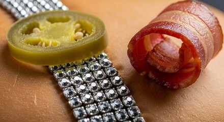 A vibrant jalape&ntilde;o slice and a perfectly curled strip of savory bacon rest upon a textured, warm