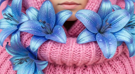 Vibrant blue lilies with dew drops adorn a soft pink knitted scarf, framing delicate lips, evoking
