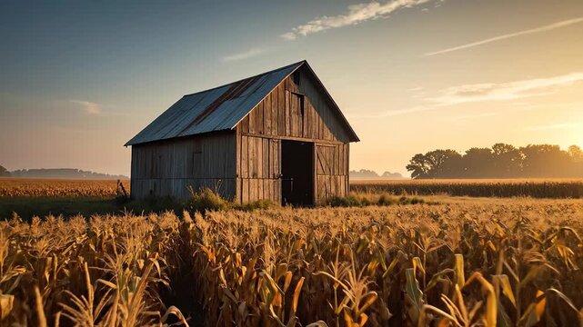 Rustic wooden barn stands amidst a golden cornfield under a clear sky.