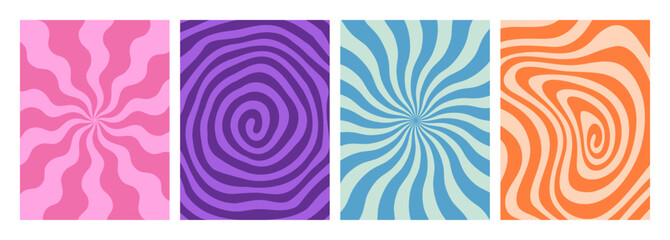 Swirl Retro Groovy Pattern. Psychedelic Wavy Vector Background. Abstract Funky Spiral and Radial Sun Burst Bg Set.
