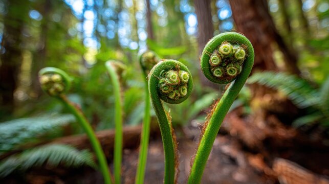 Tightly coiled green fern fronds emerging and unfurling like fiddleheads in a vibrant forest setting