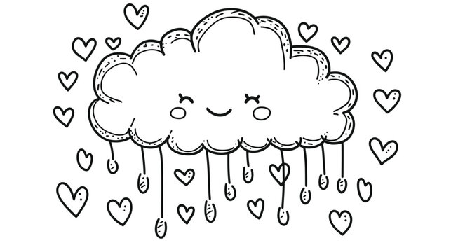 Smiling Cartoon Cloud with Hearts and Raindrops.