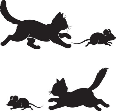 Silhouette of a cat chasing a mouse in two different positions