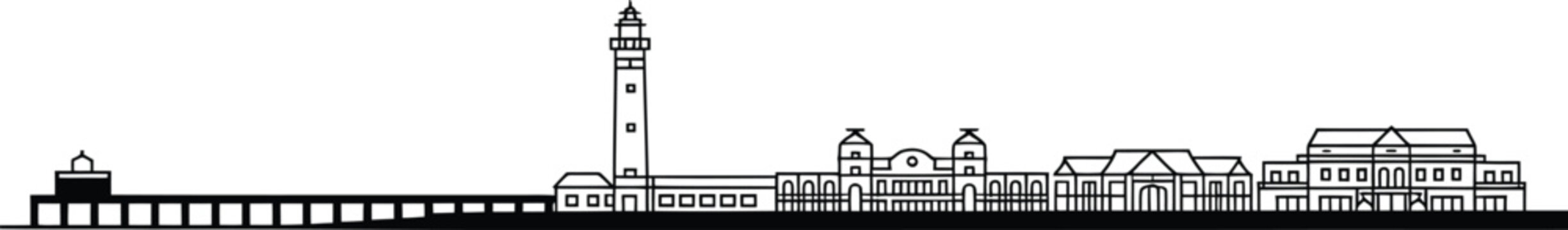 Blackpool england city skyline with a famous tower and various buildings, outline sketch