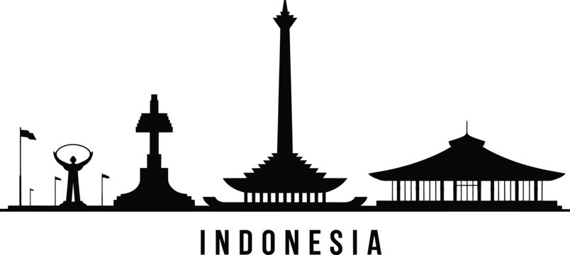 Indonesia national monuments skyline silhouette including monas tower and traditional pavilion