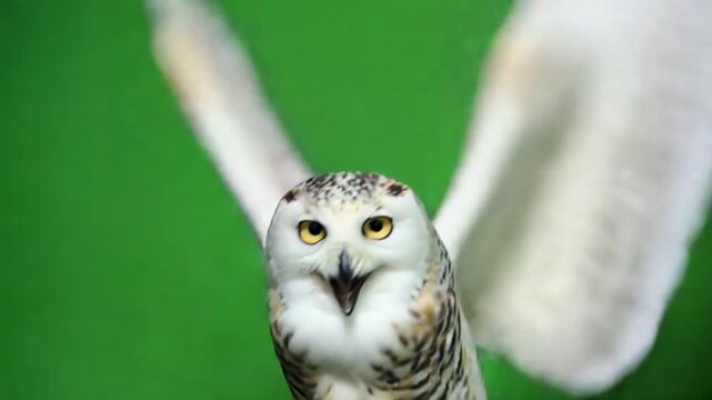 Intense Snowy Owl Close-up on Green Screen, Majestic Bird Vocalizing and Flapping Wings with Expressive Eyes for Chroma Key