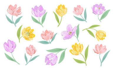 Fototapeta premium Hand drawn pastel style tulip PNG clipart set for pattern, stationary, wrapping paper ,kids fabric and easter design.