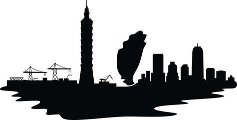 Naklejka premium Taiwan city skyline silhouette famous landmarks taipei 101 cranes port urban landscape