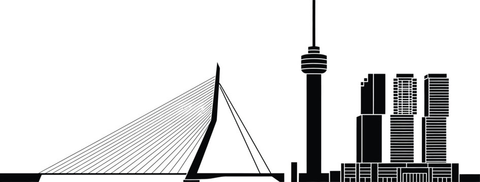 Rotterdam netherlands city skyline silhouette vector art with erasmus bridge and euromast tower