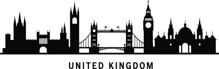 Obraz premium United Kingdom skyline silhouette featuring iconic London landmarks tower bridge and big ben