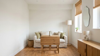 Fototapeta premium Small Scandinavian living room with white sofa, drop leaf table and copy space
