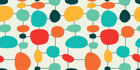 Atomic Era Seamless Pattern, Mid Century Modern Abstract Geometric Shapes in Retro Color Palette