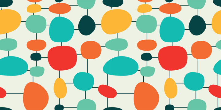 Atomic Era Seamless Pattern, Mid Century Modern Abstract Geometric Shapes in Retro Color Palette