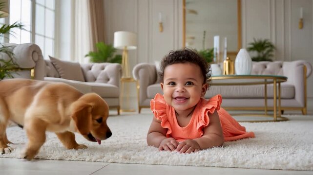 happy black baby girl in orange dress lying on a white rug in a luxury living room and smiling at a golden retriever puppy during a sunny morning