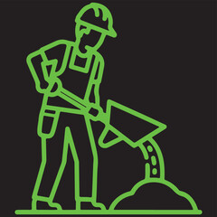 Neon Green Line Style Builder with Wheelbarrow, site safety guides, project management apps, manual labor training, and construction service marketing.