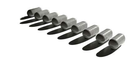 Row of White Cylinders Isolated on Gray Gradient Background with Shadow
