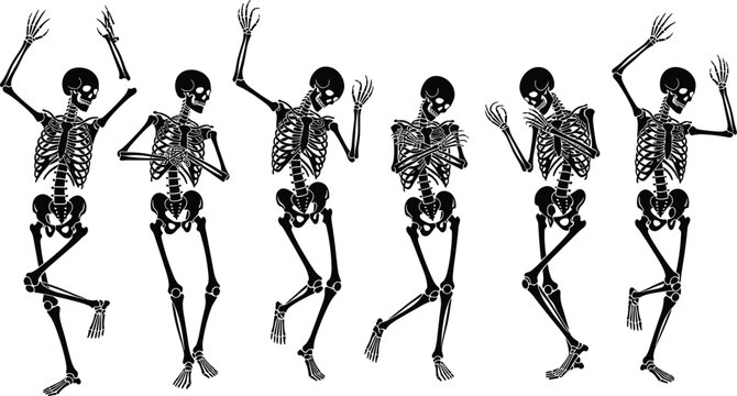Dancing black skeleton silhouettes set in joyful poses isolated on white background for Halloween party invitations and spooky gothic decor (