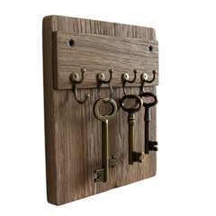 Rustic Wood Key Holder with Antique Keys on a Warm Textured Wall