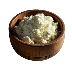 Rustic Wooden Bowl Filled With Fresh White Cottage Cheese Isolated