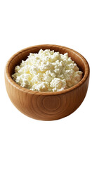 Rustic Wooden Bowl Filled With Creamy Cottage Cheese Isolated