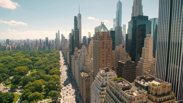 Aerial establishing shot of New York City, flying above Central Park and 5th Avenue, sunny weather, luxury high-rise buildings, cinematic realism,