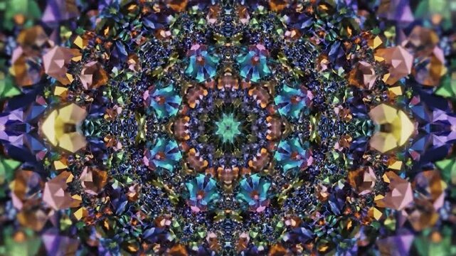 Colorful abstract kaleidoscopic pattern with glowing geometric shards and rich vibrant tones