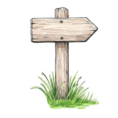 Rustic Wooden Signpost Pointing Right Amidst Green Grass Transparent Background