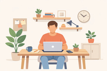 Fototapeta premium Freelancer Working from Home on Laptop – Cozy Home Office Illustration