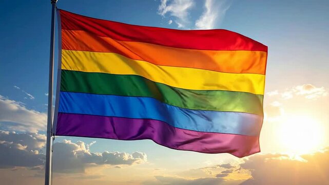 Rainbow flag waving proudly against a vibrant blue sky with sunburst.