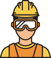 Construction Worker with Safety Goggles Flat Vector for Eye Protection, industrial safety posters, workplace training manuals, and construction health and safety.
