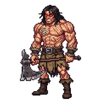 pixel art barbarian berserker character asset for 2d games, rpg battles, enemies, and combat scenes