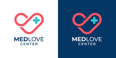 Heart and Plus Cross Logo Design Icon Symbol. Love Health Care Logo Vector Template. Line Medical Health Clinic Logos.