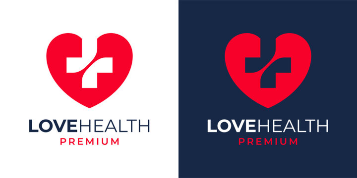 Love Heart Logo Plus Cross Icon Symbol Design Vector Template. Health Care Medical Center Clinic Logo.