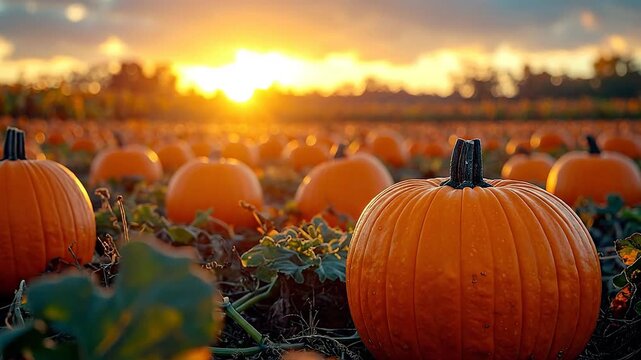 Vibrant pumpkin patch at sunset, showcasing autumn harvest and seasonal beauty.