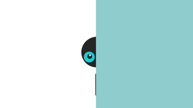 A cartoon character peeks out from behind a blue barrier or wall. He or she blinks, looking shy.