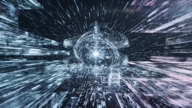 Abstract digital data sphere surrounded by luminous particles in a high-speed technological tunnel, symbolizing global connectivity and future computing advancements