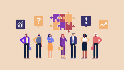 Business solutions teamwork and problem solving illustrated with people and puzzle pieces