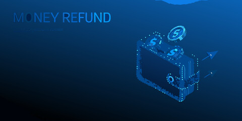 Money refund concept with digital wallet and flowing currency particles