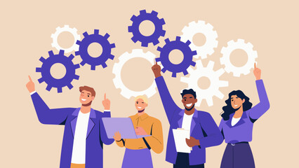 Teamwork and innovation people celebrating success with interlocking gears