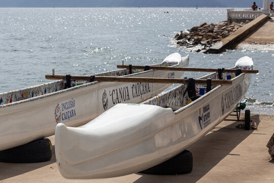 Santos, SP, Brazil - January 17 th, 2026: Hawaiian canoes from the company Canoa Cai&ccedil;ara on a ramp at Ponta da Praia.