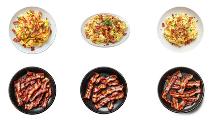 Collection of scrambled eggs topped with a mix of crispy bacon crumbles. full length isolate on transparent background