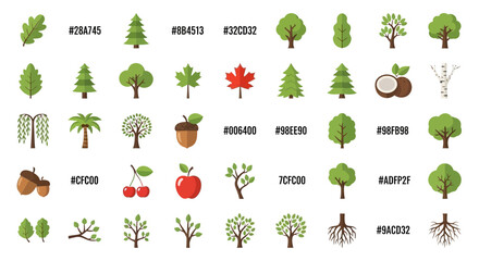 Diverse tree and plant icons with various shapes and colors for ecological representation © punduh