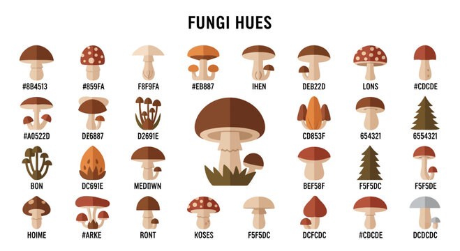 Flat vector illustration collection of different fungi with color codes and names