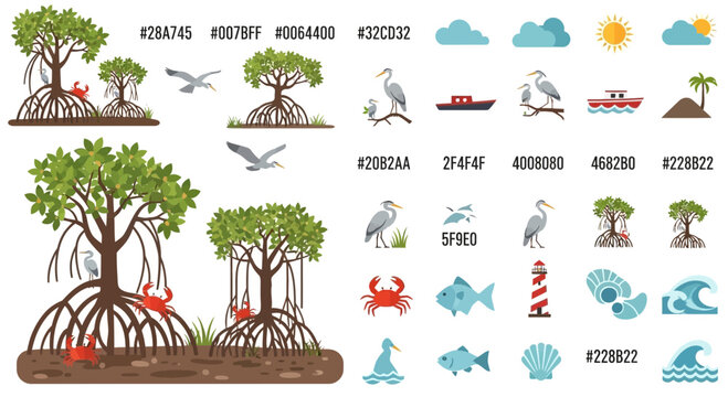 Illustration collection of coastal ecosystems with mangrove trees and marine life