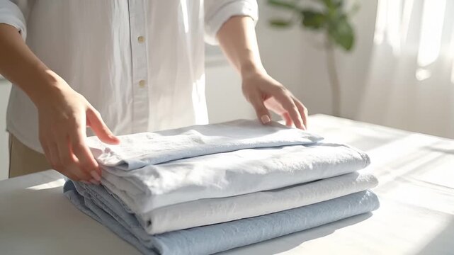 平らな場所で、手だけが映る洗濯物を畳むシンプルなシーン。
ロゴや文字のないニュートラルカラーの衣類が使われています。
柔らかな自然光が影を作り、穏やかな雰囲気を演出します。