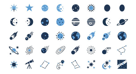 Set of space icons in trendy flat style: planets stars comets telescope vector illustration © punduh