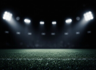 Empty Football Stadium Field Under Bright Floodlights at Night